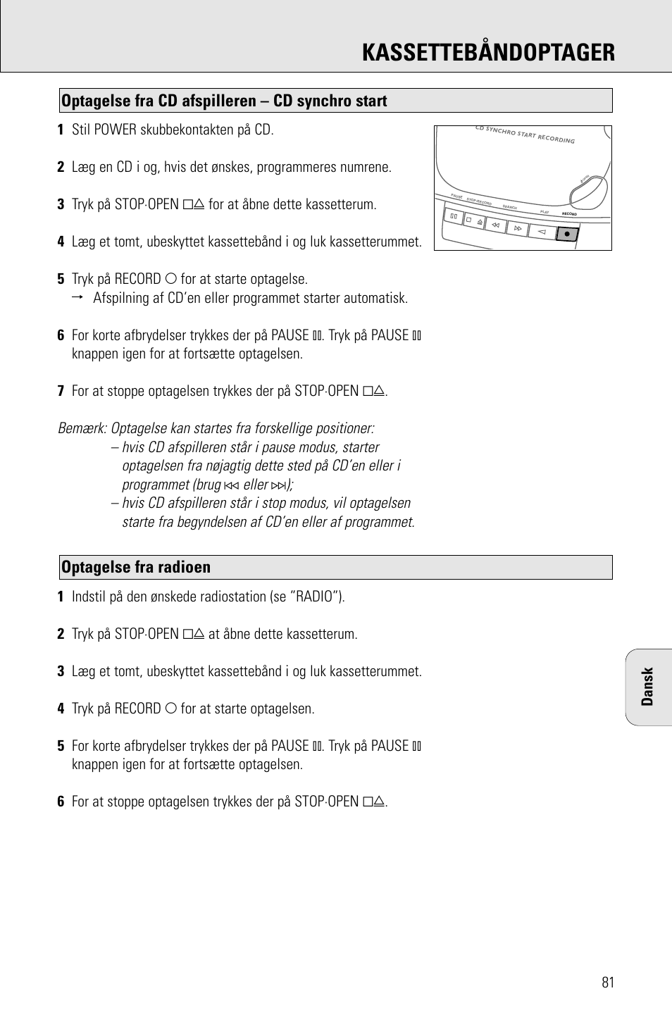 Kassettebåndoptager, Optagelse fra radioen, Optagelse fra cd afspilleren – cd synchro start | Eller | Philips AZ 1009 User Manual | Page 81 / 116