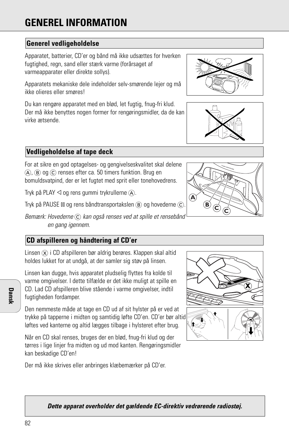 Generel information, Cd afspilleren og håndtering af cd’er, Bemærk: hovederne | Philips AZ 1009 User Manual | Page 82 / 116