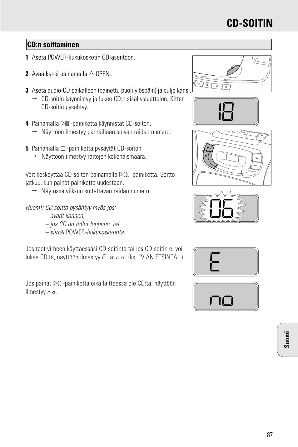 Cd-soitin, Cd:n soittaminen, Liukukosketinta | Power | Philips AZ 1009 User Manual | Page 87 / 116