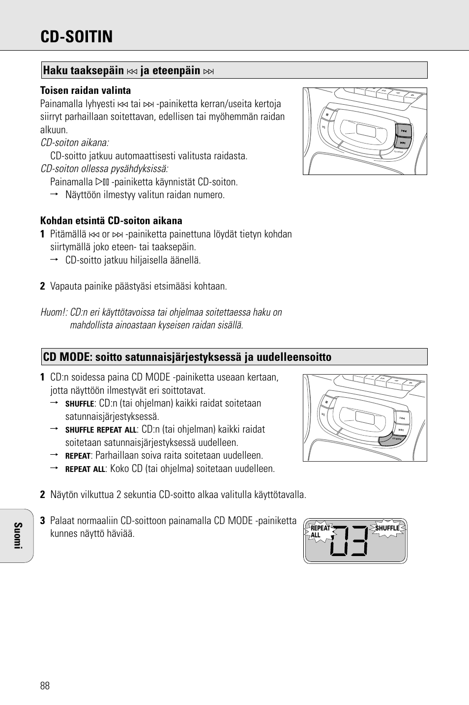 Cd-soitin, Haku taaksepäin, Ja eteenpäin | Philips AZ 1009 User Manual | Page 88 / 116