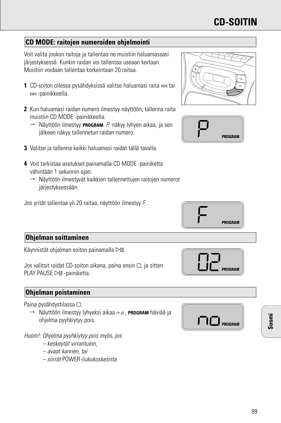 Cd-soitin, Ohjelman poistaminen, Ohjelman soittaminen | Cd mode: raitojen numeroiden ohjelmointi | Philips AZ 1009 User Manual | Page 89 / 116