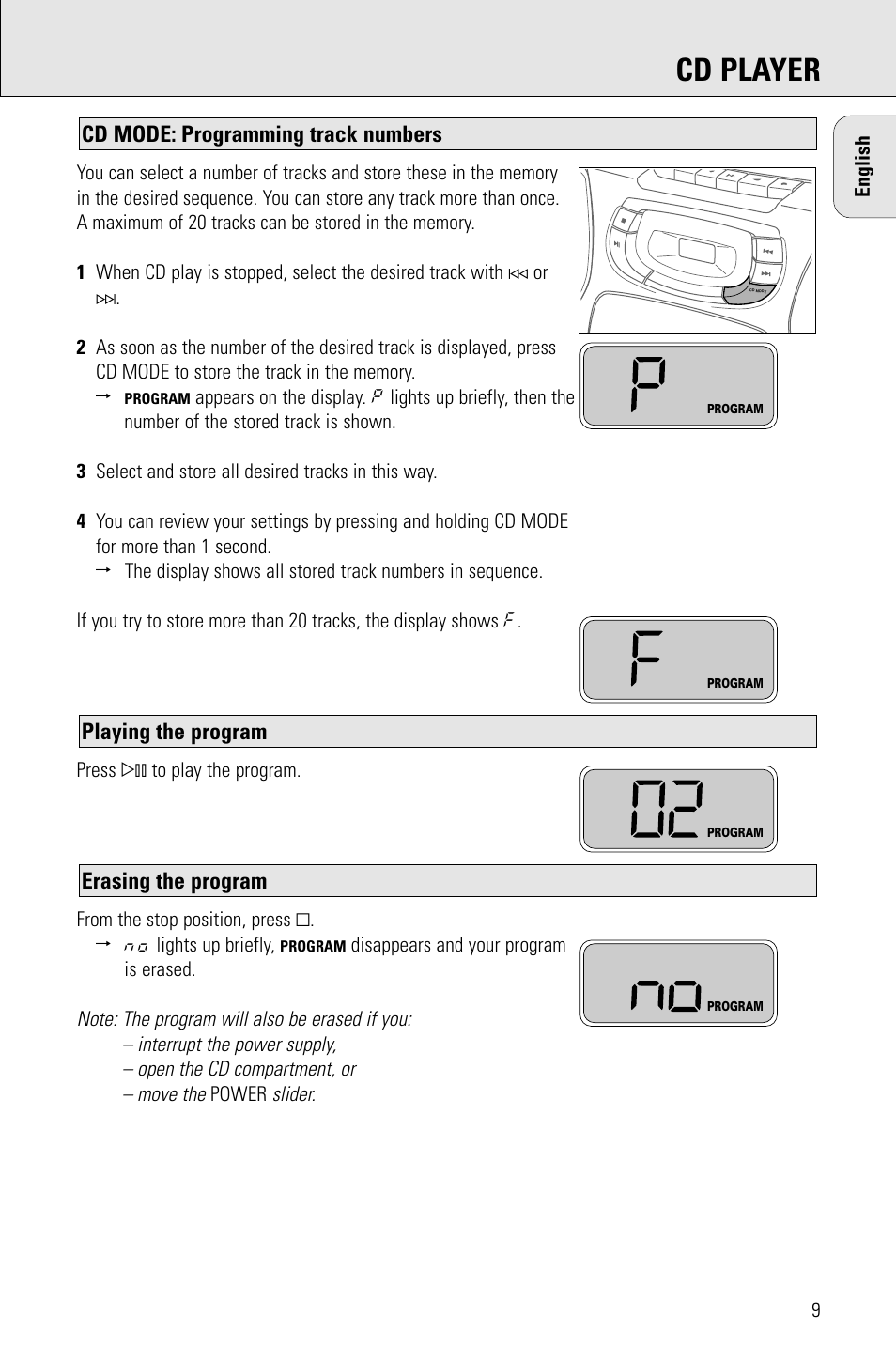 Cd player, Erasing the program, Playing the program | Cd mode: programming track numbers | Philips AZ 1009 User Manual | Page 9 / 116