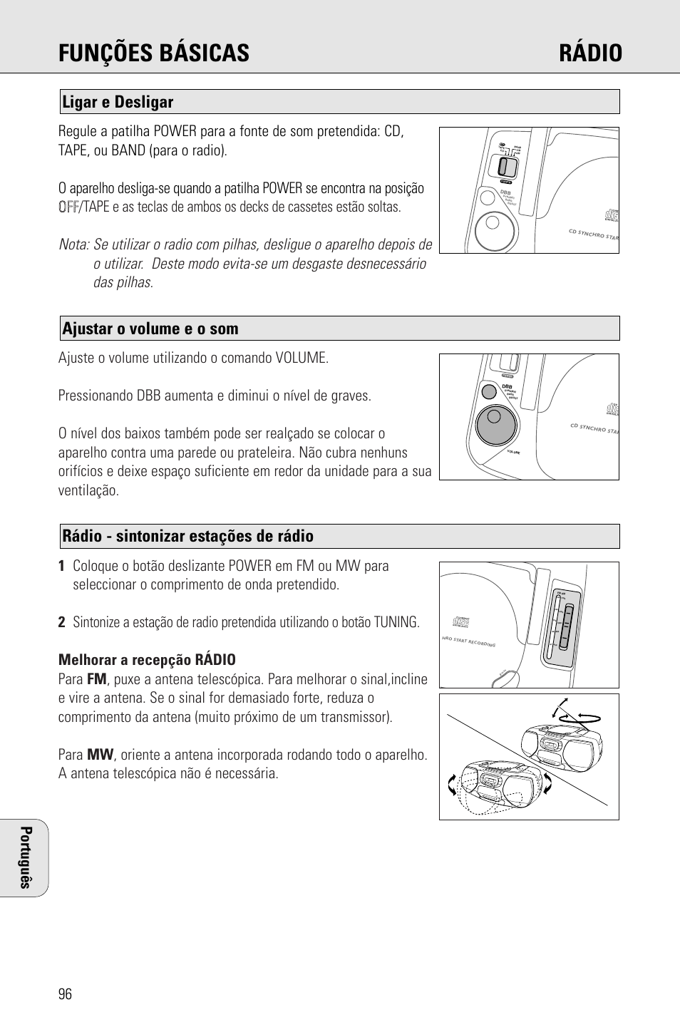 Funções básicas rádio, Rádio - sintonizar estações de rádio, Ajustar o volume e o som | Ligar e desligar | Philips AZ 1009 User Manual | Page 96 / 116