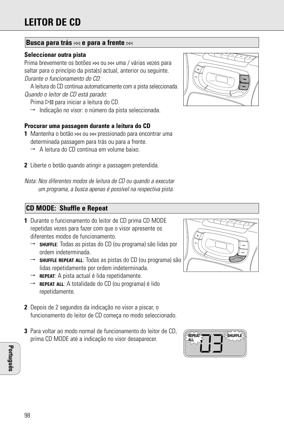 Leitor de cd, Cd mode: shuffle e repeat, Busca para trás | E para a frente | Philips AZ 1009 User Manual | Page 98 / 116