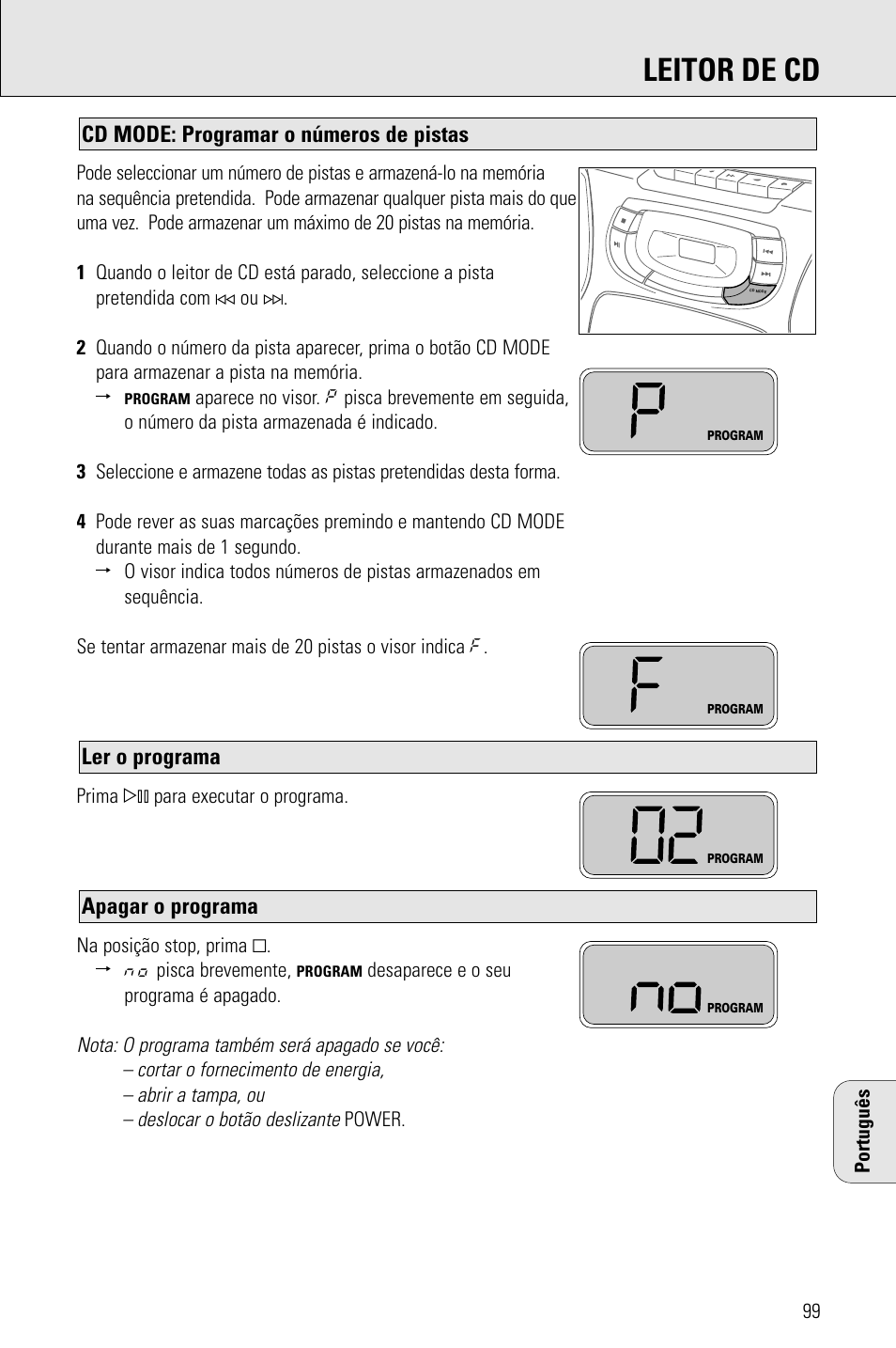 Leitor de cd, Apagar o programa, Ler o programa | Cd mode: programar o números de pistas | Philips AZ 1009 User Manual | Page 99 / 116