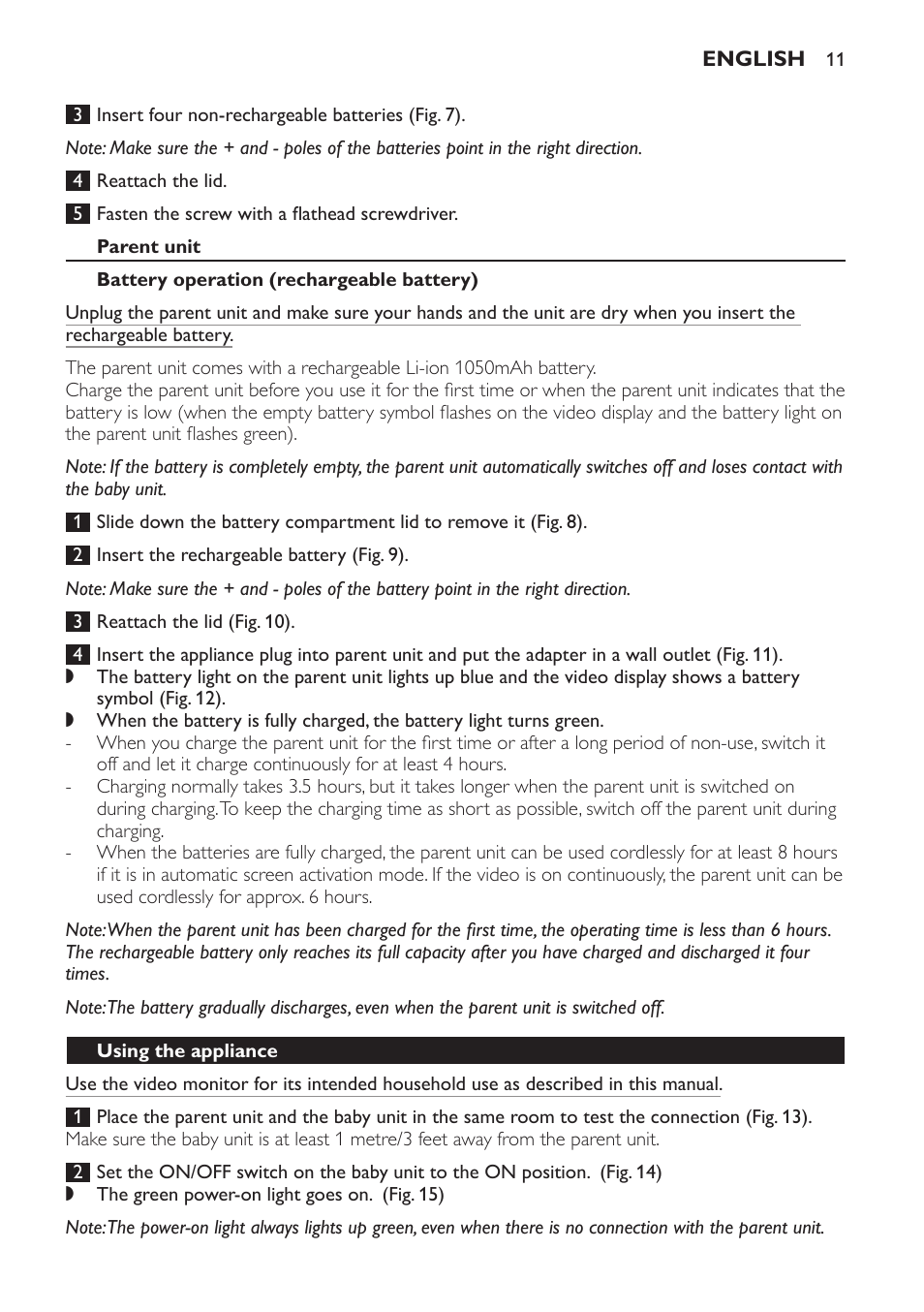 Parent unit, Battery operation (rechargeable battery), Using the appliance | Philips SCD600 User Manual | Page 11 / 52