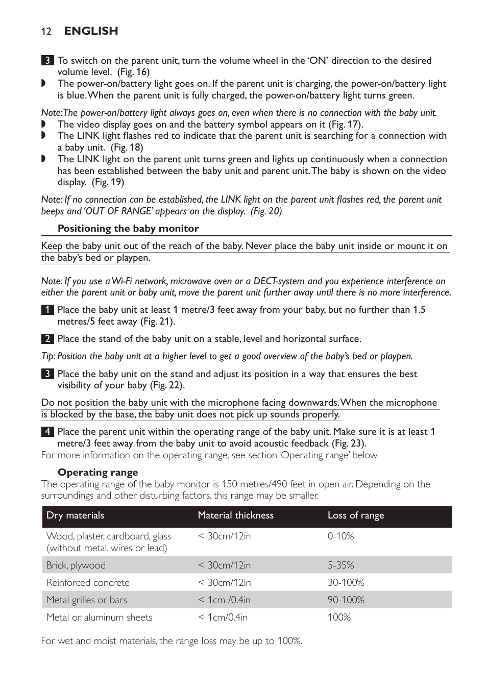 Positioning the baby monitor, Operating range, Features | Adjusting loudspeaker volume | Philips SCD600 User Manual | Page 12 / 52