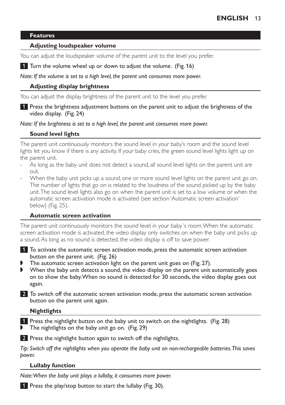 Adjusting display brightness, Sound level lights, Automatic screen activation | Nightlights, Lullaby function | Philips SCD600 User Manual | Page 13 / 52