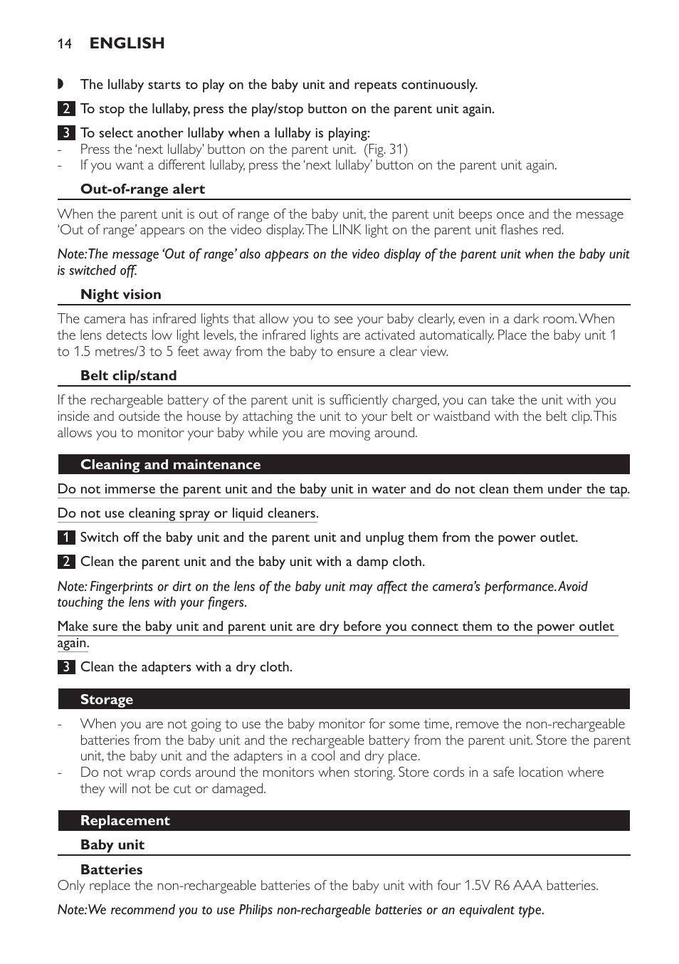 Out-of-range alert, Night vision, Belt clip/stand | Cleaning and maintenance, Storage, Replacement, Baby unit, Batteries, Adapter | Philips SCD600 User Manual | Page 14 / 52