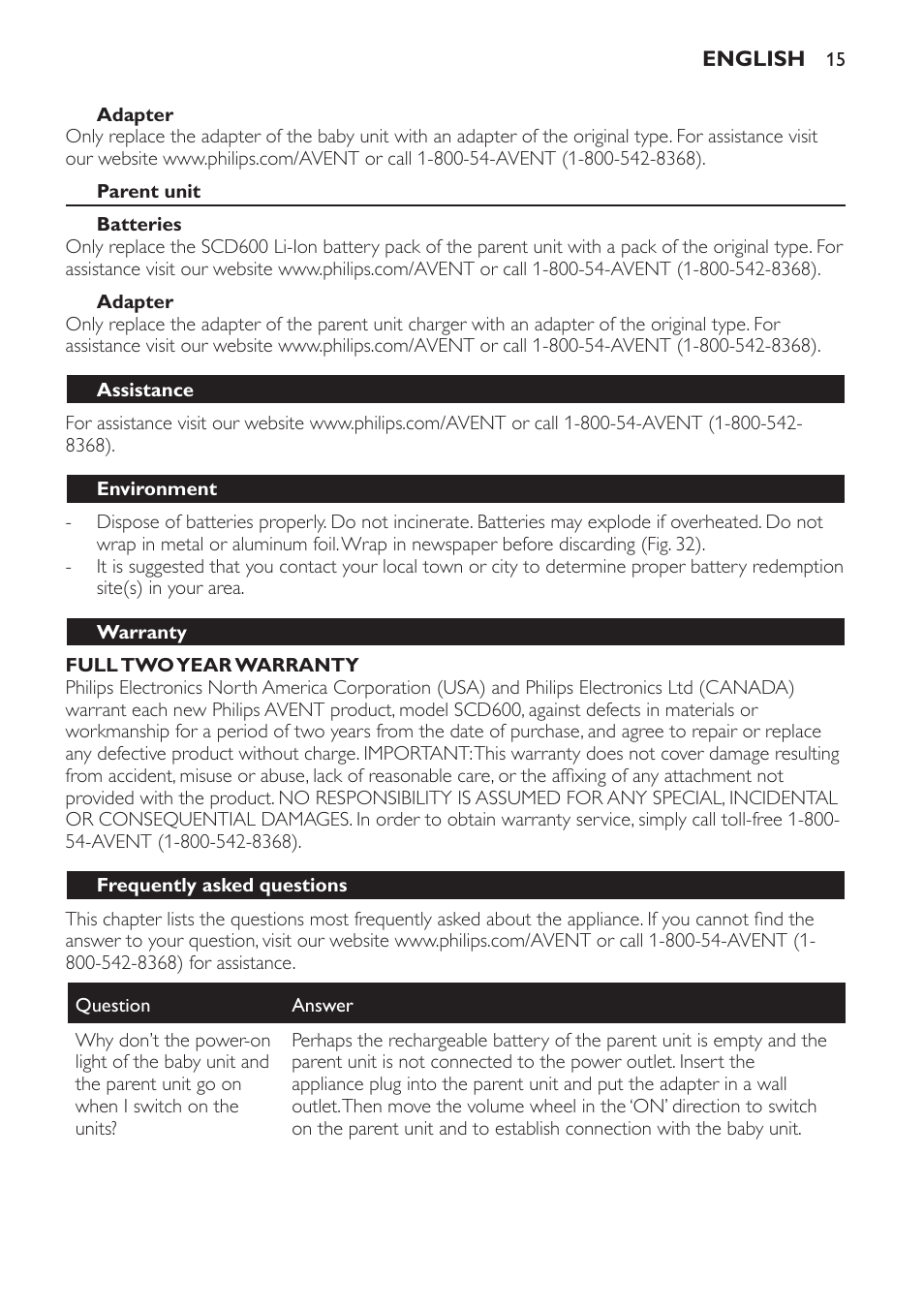 Parent unit, Batteries, Adapter | Assistance, Environment, Warranty, Frequently asked questions | Philips SCD600 User Manual | Page 15 / 52