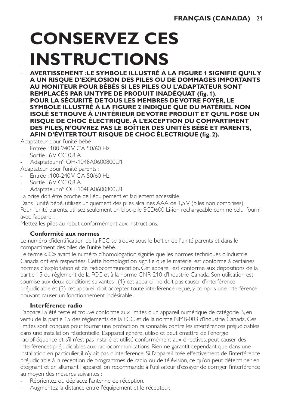 Conformité aux normes, Interférence radio, Conservez ces instructions | Philips SCD600 User Manual | Page 21 / 52