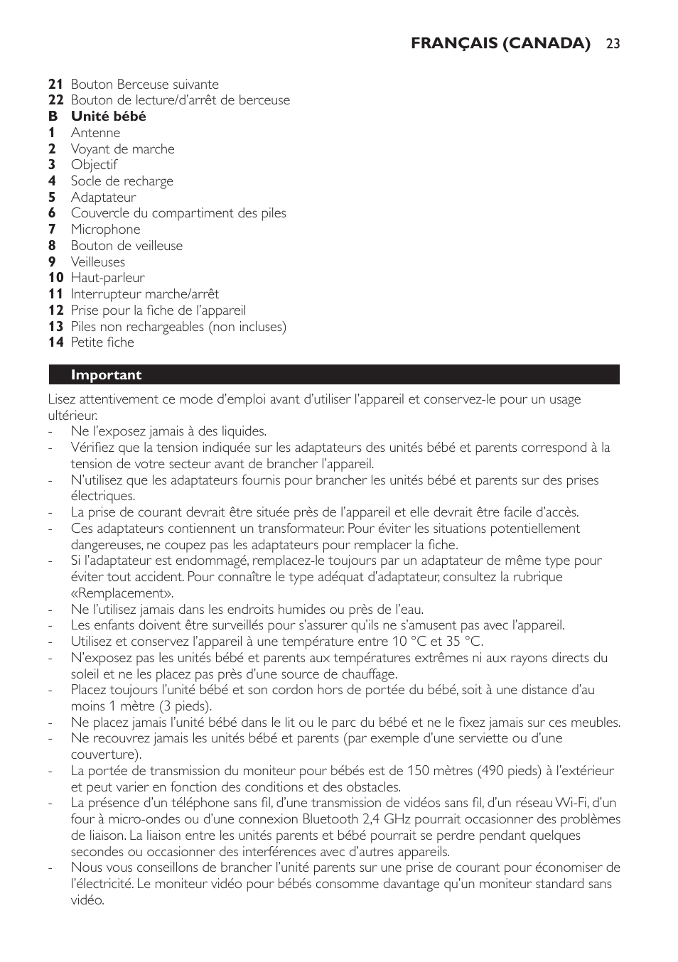 Important, Avant l’utilisation, Unité bébé | Philips SCD600 User Manual | Page 23 / 52