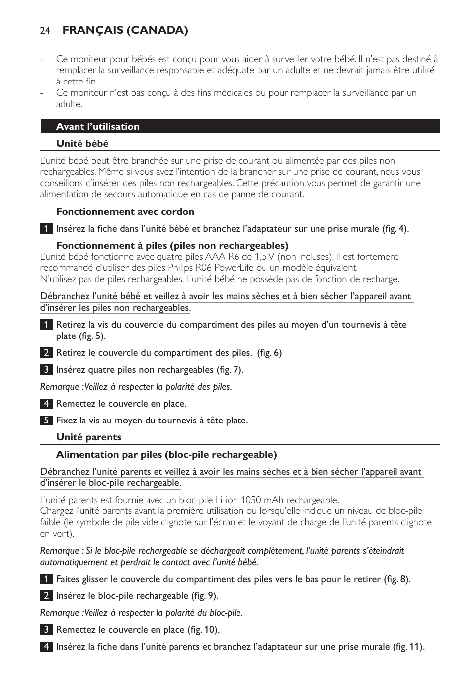 Fonctionnement avec cordon, Fonctionnement à piles (piles non rechargeables), Unité parents | Alimentation par piles (bloc-pile rechargeable) | Philips SCD600 User Manual | Page 24 / 52