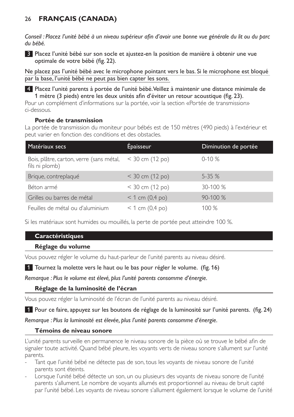 Portée de transmission, Caractéristiques, Réglage du volume | Réglage de la luminosité de l’écran, Témoins de niveau sonore, Activation automatique de l’écran | Philips SCD600 User Manual | Page 26 / 52