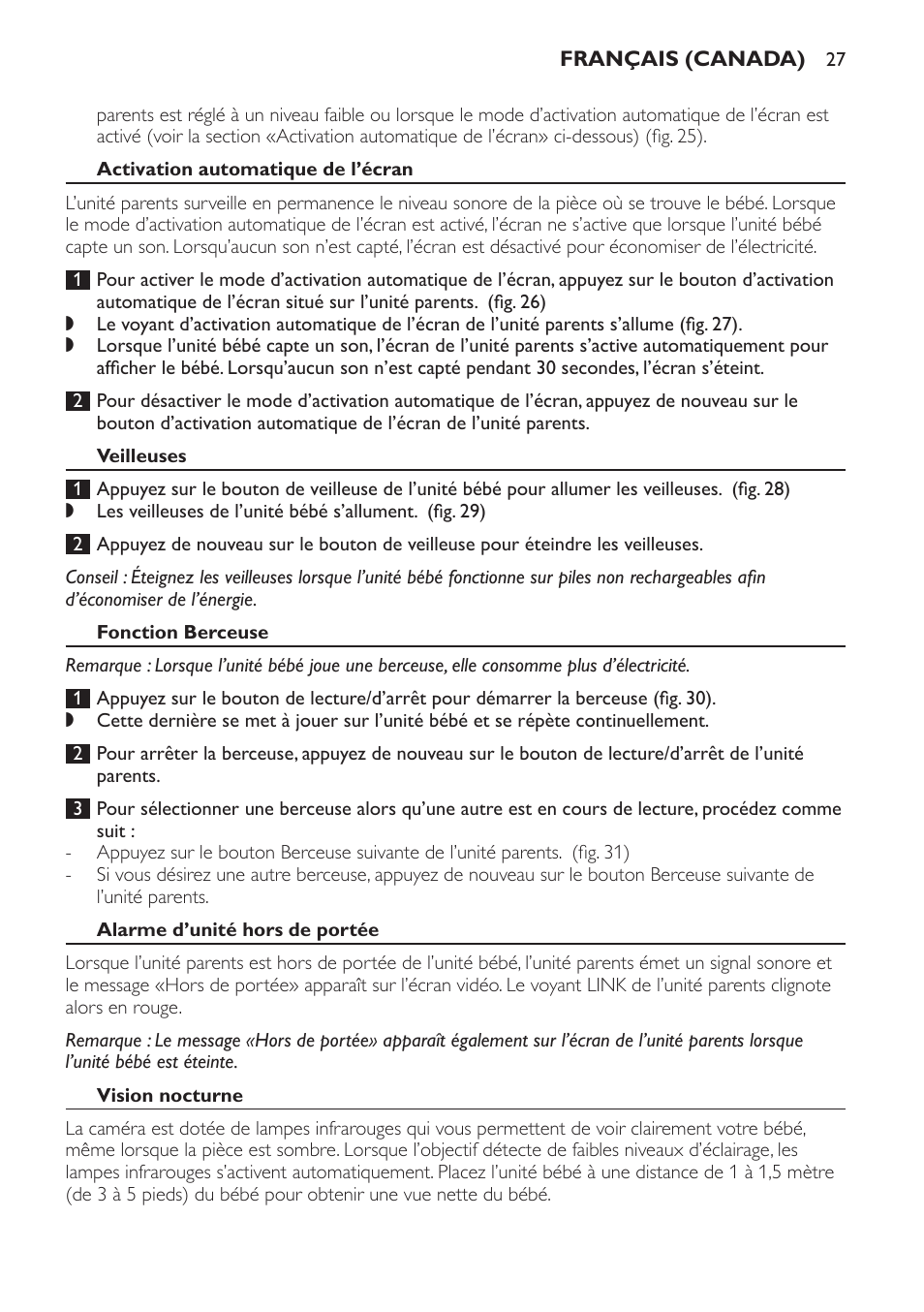Veilleuses, Fonction berceuse, Alarme d’unité hors de portée | Vision nocturne, Pince à ceinture/socle de recharge, Nettoyage et entretien | Philips SCD600 User Manual | Page 27 / 52