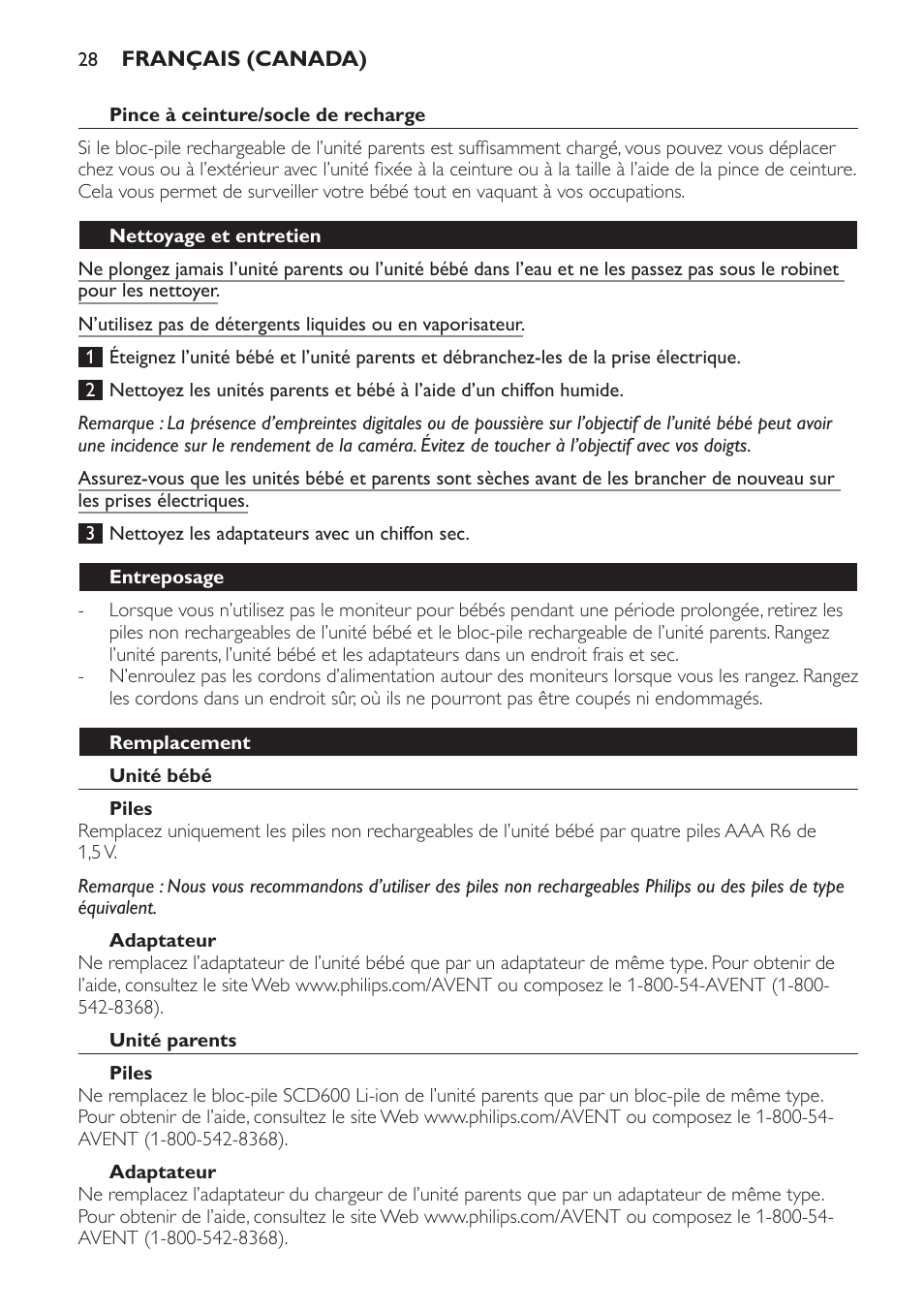 Entreposage, Remplacement, Unité bébé | Piles, Adaptateur, Unité parents, Aide, Environnement | Philips SCD600 User Manual | Page 28 / 52