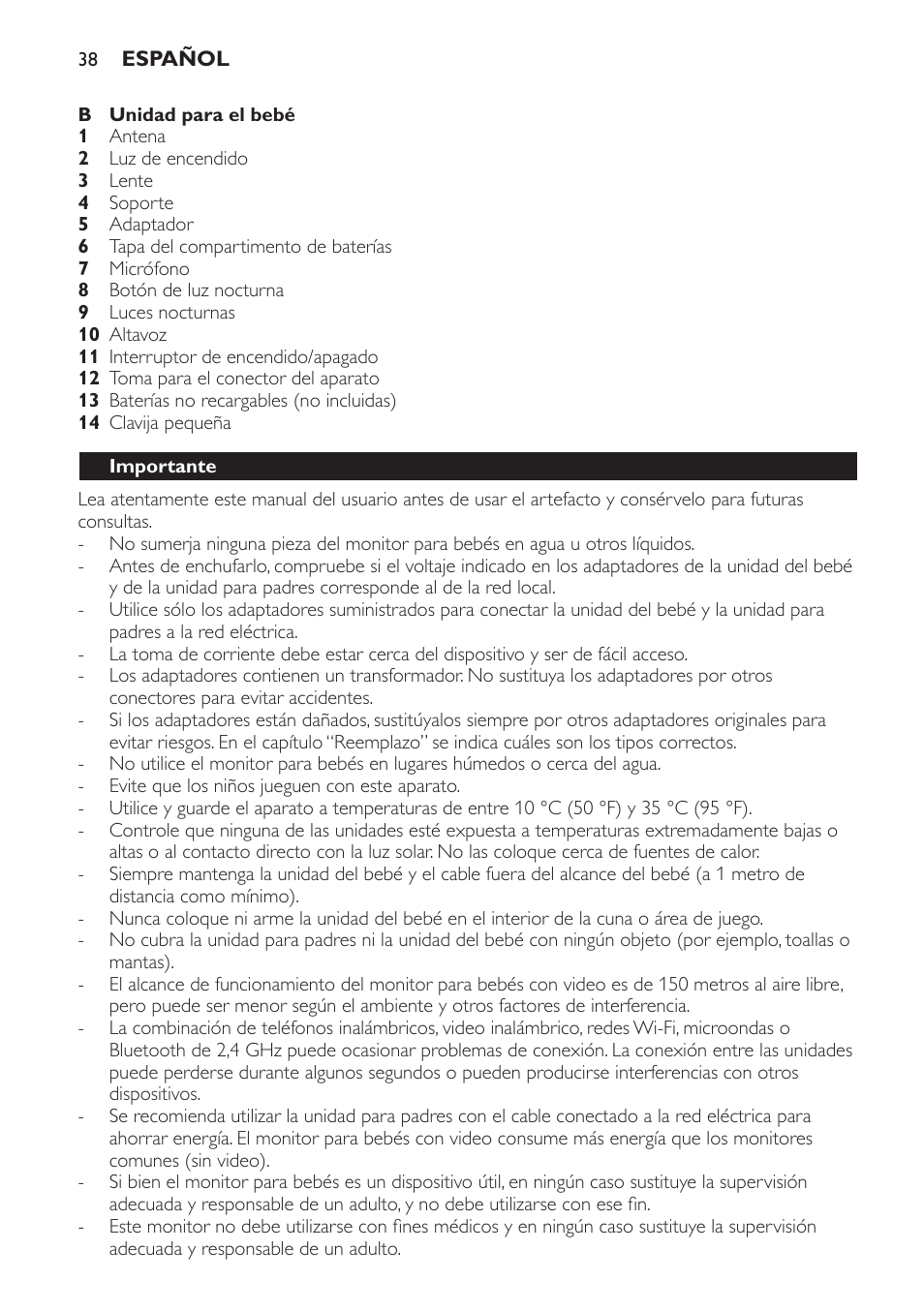 Importante, Preparación inicial, Unidad para el bebé | Funcionamiento con cable, Funcionamiento con baterías no recargables | Philips SCD600 User Manual | Page 38 / 52