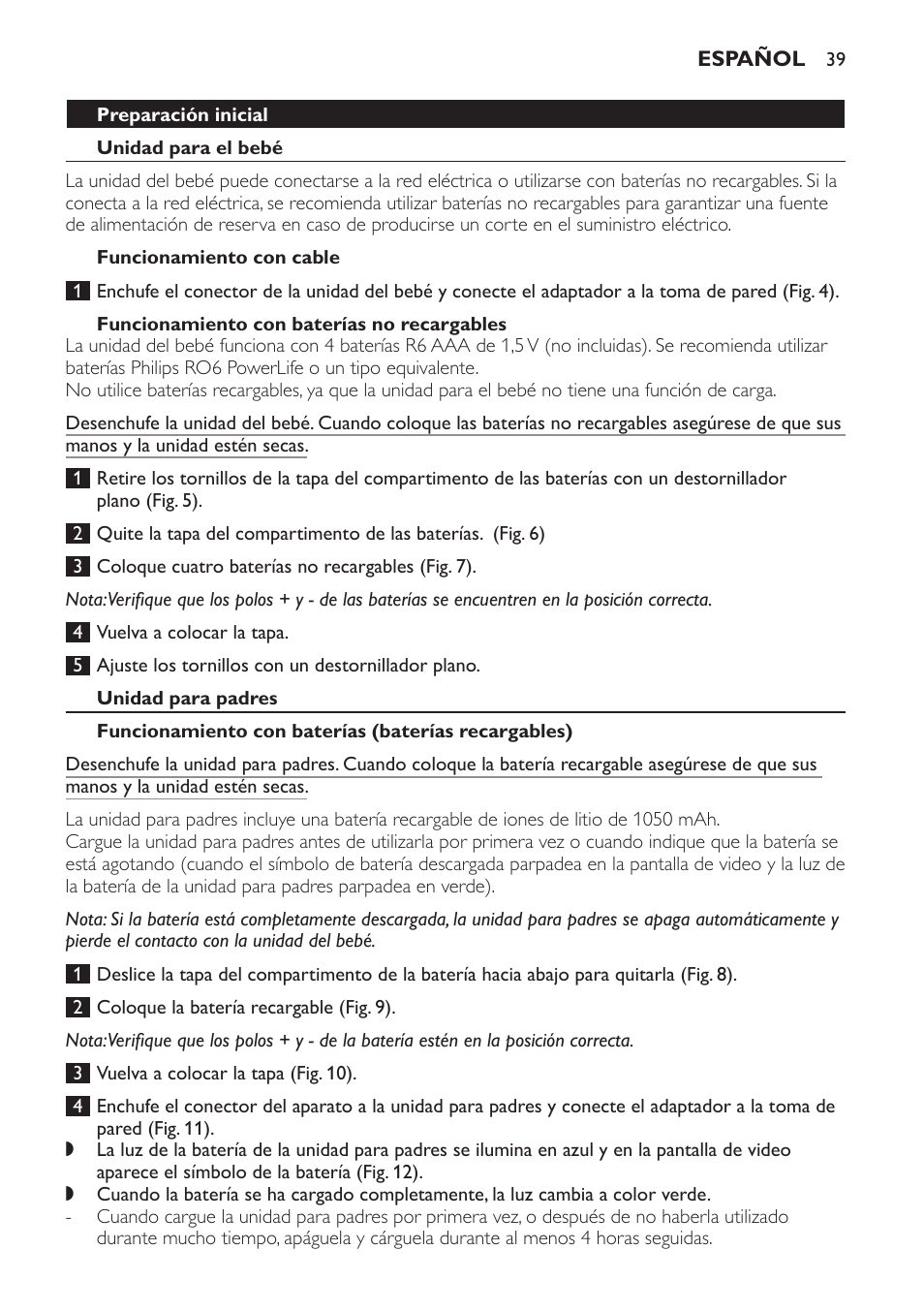 Unidad para padres, Funcionamiento con baterías (baterías recargables) | Philips SCD600 User Manual | Page 39 / 52