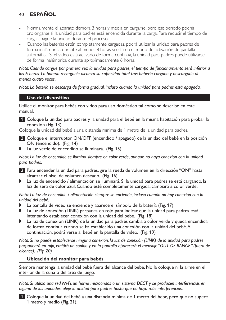 Uso del dispositivo, Ubicación del monitor para bebés | Philips SCD600 User Manual | Page 40 / 52