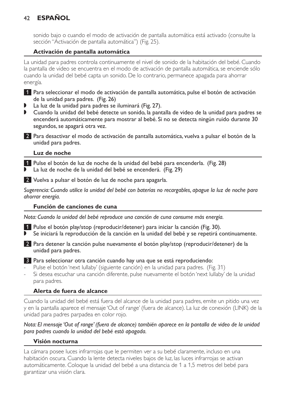 Luz de noche, Función de canciones de cuna, Alerta de fuera de alcance | Visión nocturna, Clip para el cinturón / soporte, Limpieza y mantenimiento | Philips SCD600 User Manual | Page 42 / 52