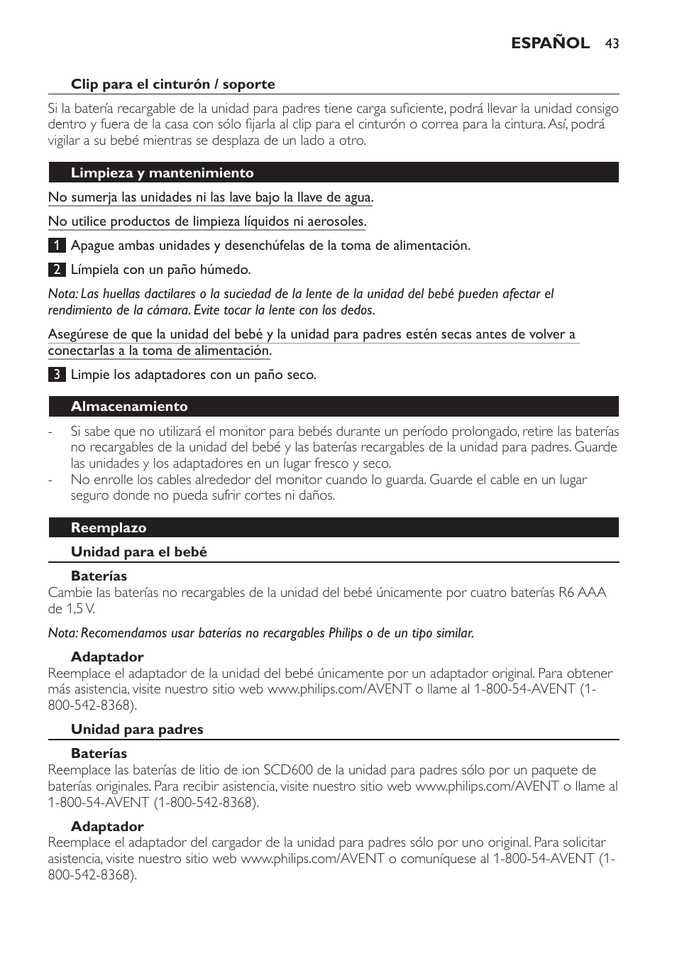 Almacenamiento, Reemplazo, Unidad para el bebé | Baterías, Adaptador, Unidad para padres, Ayuda, Medio ambiente, Garantía | Philips SCD600 User Manual | Page 43 / 52