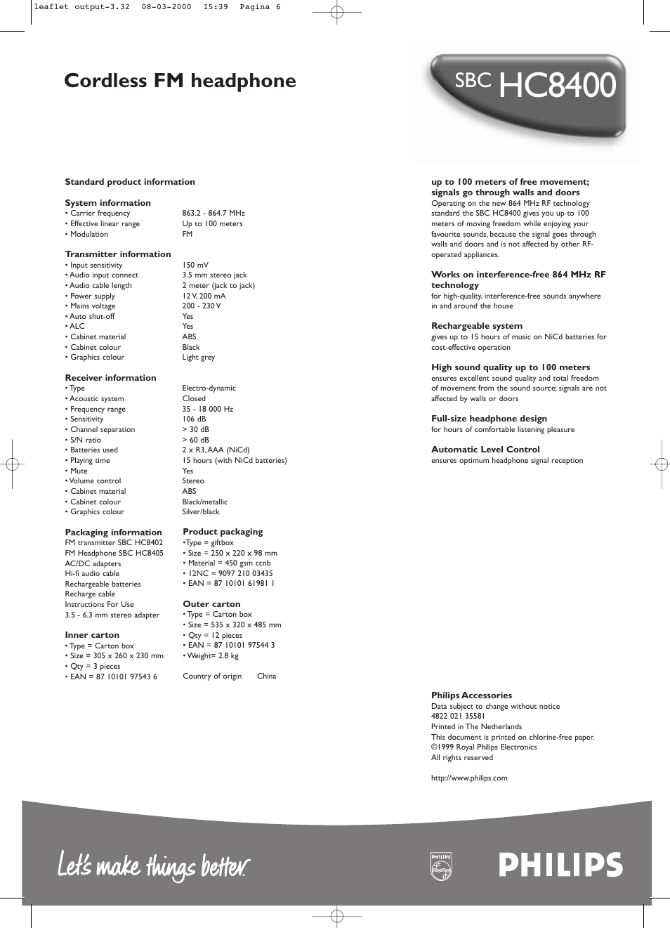 Hc8400, Cordless fm headphone | Philips SBCHC8400 User Manual | Page 2 / 2