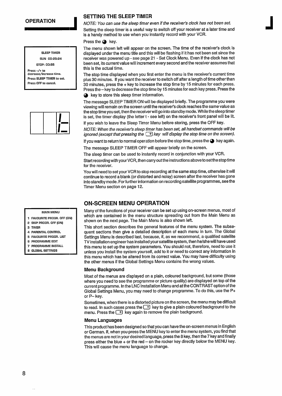 Setting the sleep timer, On-scfieen menu operation, Menu background | Menu languages, Sehing the sleep timer, On-screen menu operation | Philips STU811 User Manual | Page 10 / 31