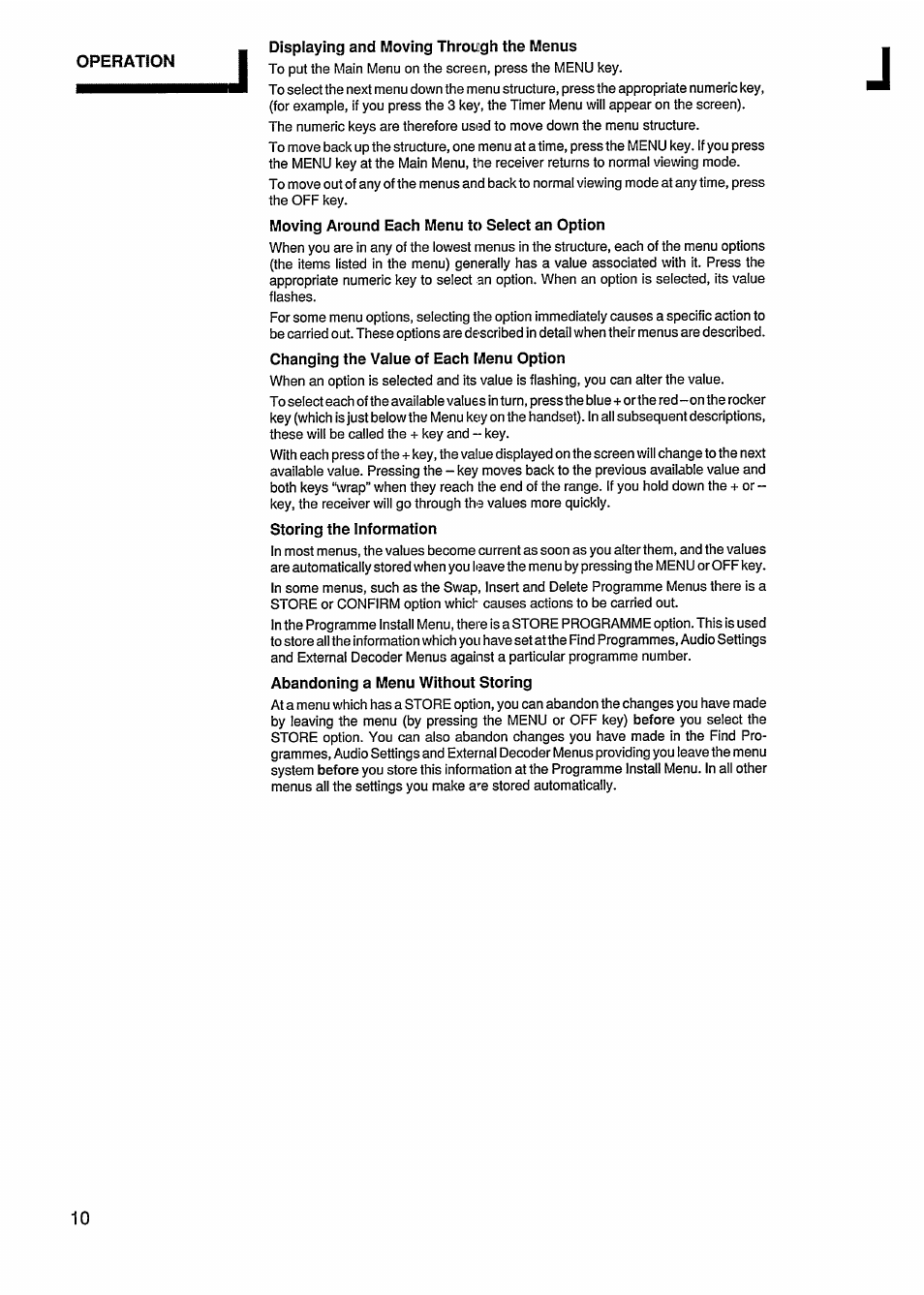 Displaying and moving through the menus, Moving around each menu to select an option, Changing the value of each menu option | Storing the information, Abandoning a menu without storing | Philips STU811 User Manual | Page 12 / 31