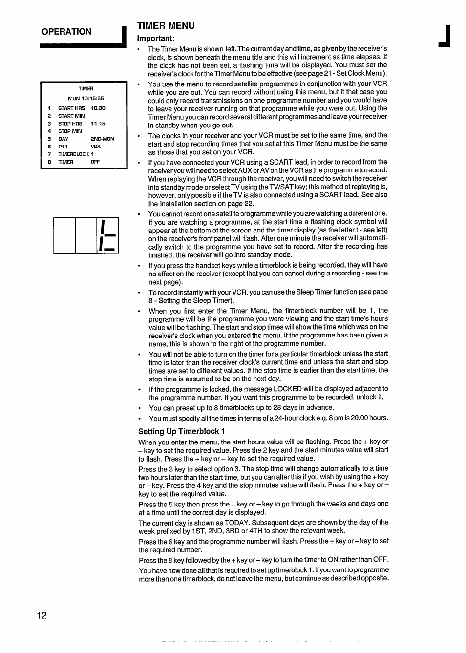 Timer menu, Important, Setting up timerblock 1 | Philips STU811 User Manual | Page 14 / 31