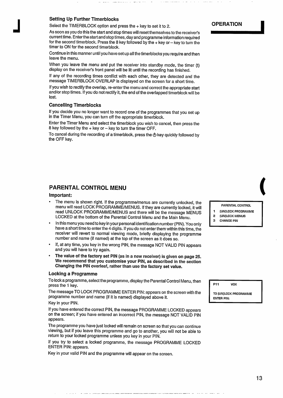 Setting up further timerblocks, Cancelling timerblocks, Parental control menu | Important, Locking a programme | Philips STU811 User Manual | Page 15 / 31