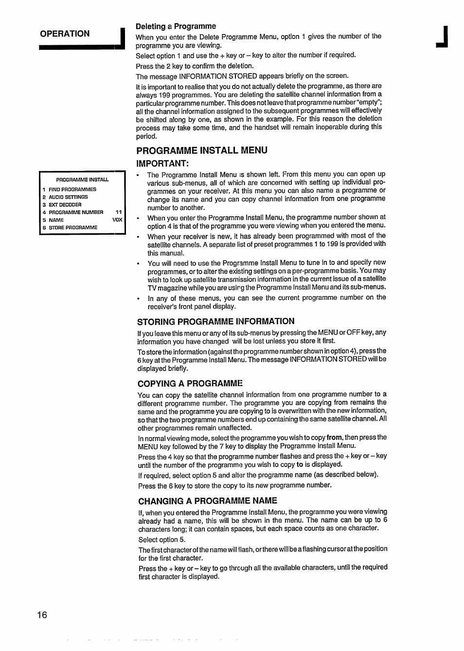 Programme install menu important, Storing programme information, Copying a programme | Changing a programme name, Copying a programme changing a programme name | Philips STU811 User Manual | Page 18 / 31