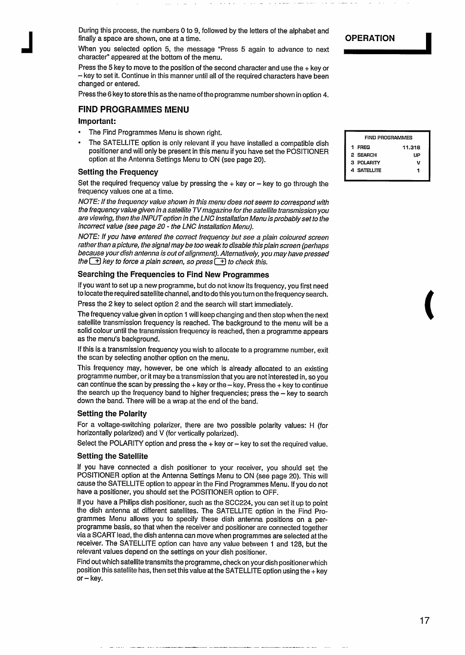 Find programmes menu important, Setting the frequency, Searching the frequencies to find new programmes | Setting the polarity, Setting the satellite | Philips STU811 User Manual | Page 19 / 31