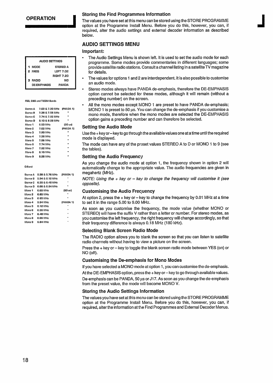 Audio settings menu important, Setting the audio mode, Setting the audio frequency | Customising the audio frequency, Selecting blank screen radio mode, Customising the de-emphasis for mono modes, Storing the audio settings information, Setting the audio mode setting the audio frequency, Operation, Storing the find programmes information | Philips STU811 User Manual | Page 20 / 31