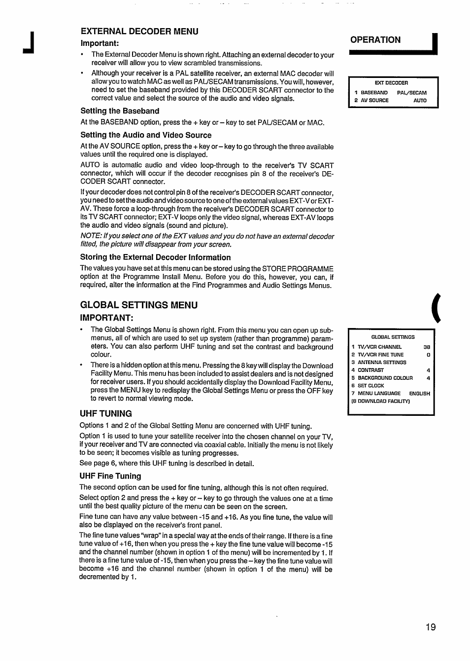 External decoder menu important, Setting the baseband, Setting the audio and video source | Storing the external decoder information, Global settings menu important, Uhf tuning, Uhf fine tuning | Philips STU811 User Manual | Page 21 / 31