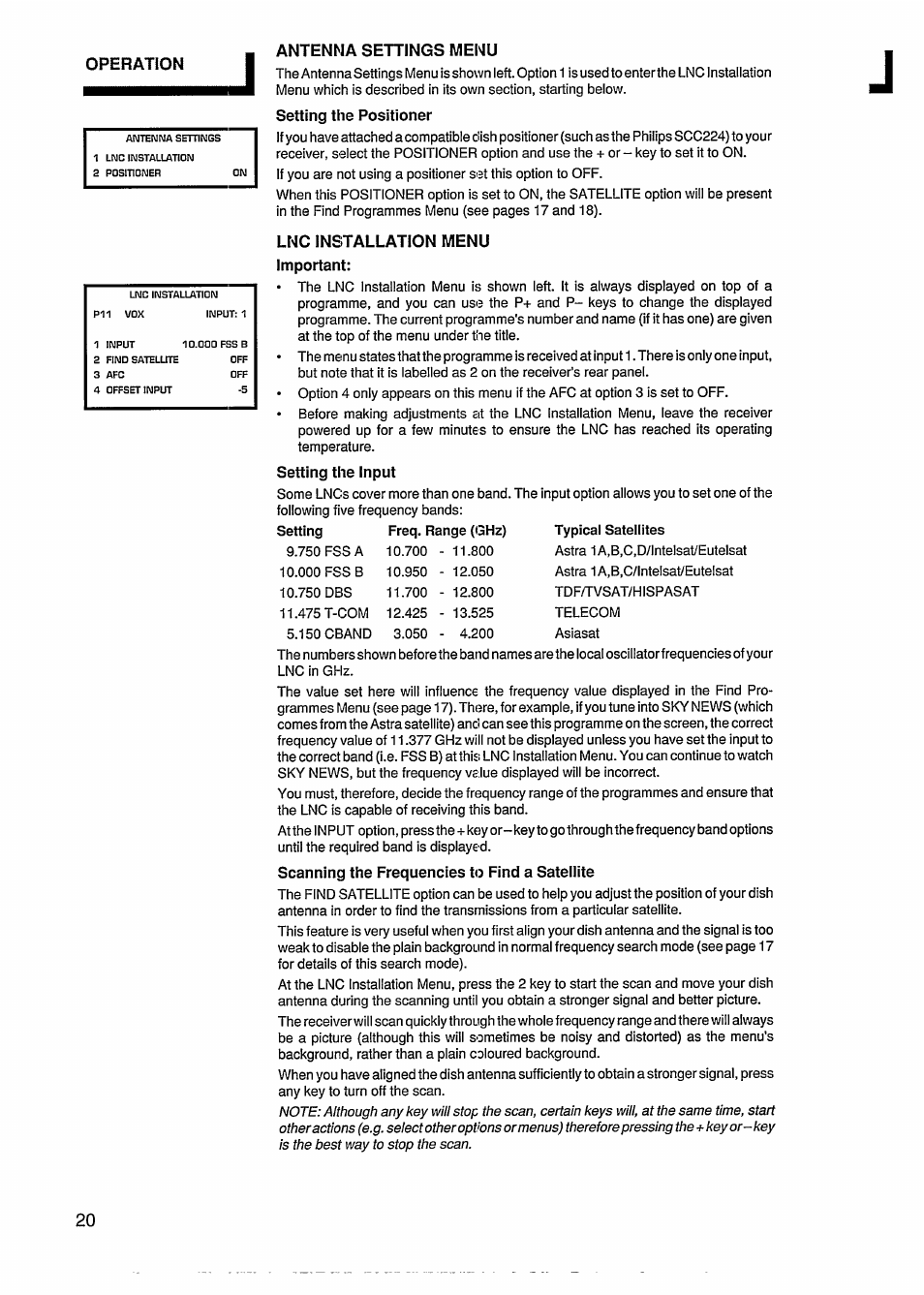 Setting the positioner, Lnc installation menu important, Setting the input | Scanning the frequencies to find a satellite | Philips STU811 User Manual | Page 22 / 31