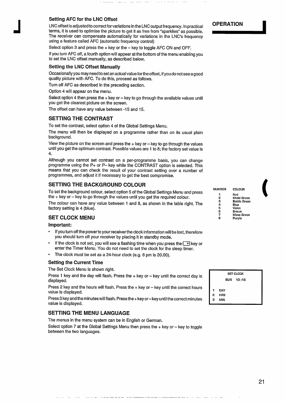 Setting afc for the lnc offset, Setting the lnc offset manually, Setting the contrast | Setting the background colour, Set clock menu important, Setting the current time, Setting the menu language, Sehing the contrast setting the background colour, Sehing the menu language | Philips STU811 User Manual | Page 23 / 31