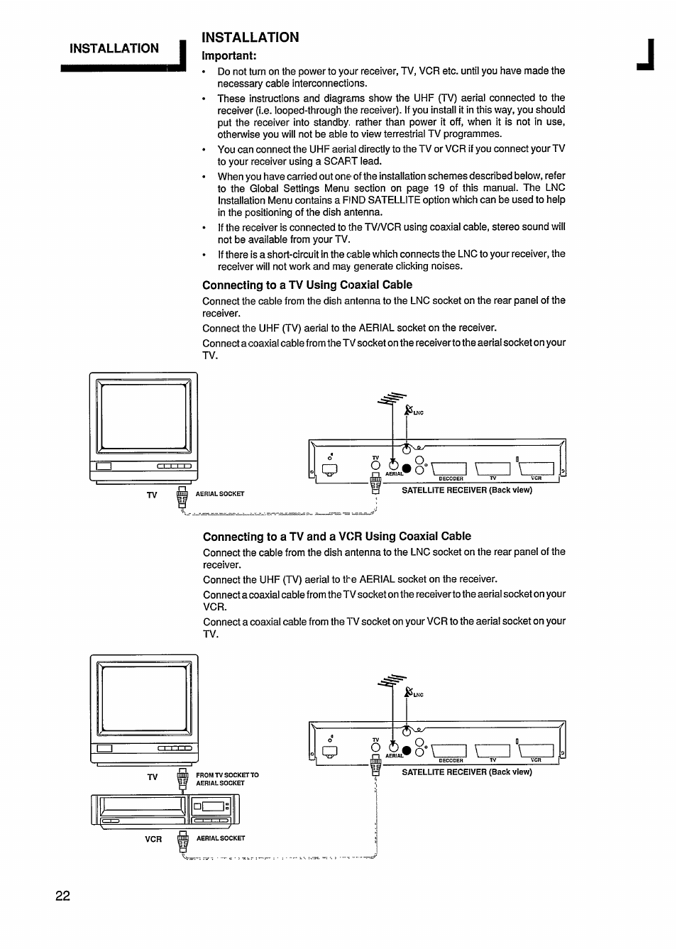 Installation, Important, Connecting to a tv using coaxiai cabie | Connecting to a tv and a vcr using coaxiai cabie | Philips STU811 User Manual | Page 24 / 31