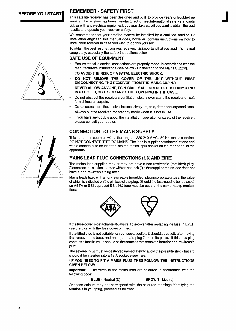 Before you start, Remember - safety first, Safe use of equipment | Connection to the mains supply, Mains lead plug connections (uk and eire), Remember-safety first | Philips STU811 User Manual | Page 4 / 31