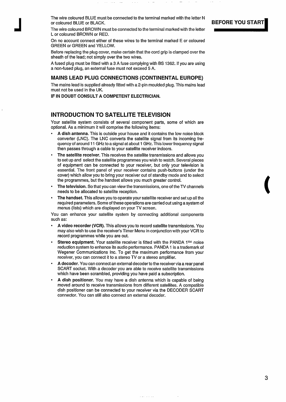 Mains lead plug connections (continental europe), Before you start, Introduction to satellite television | Philips STU811 User Manual | Page 5 / 31