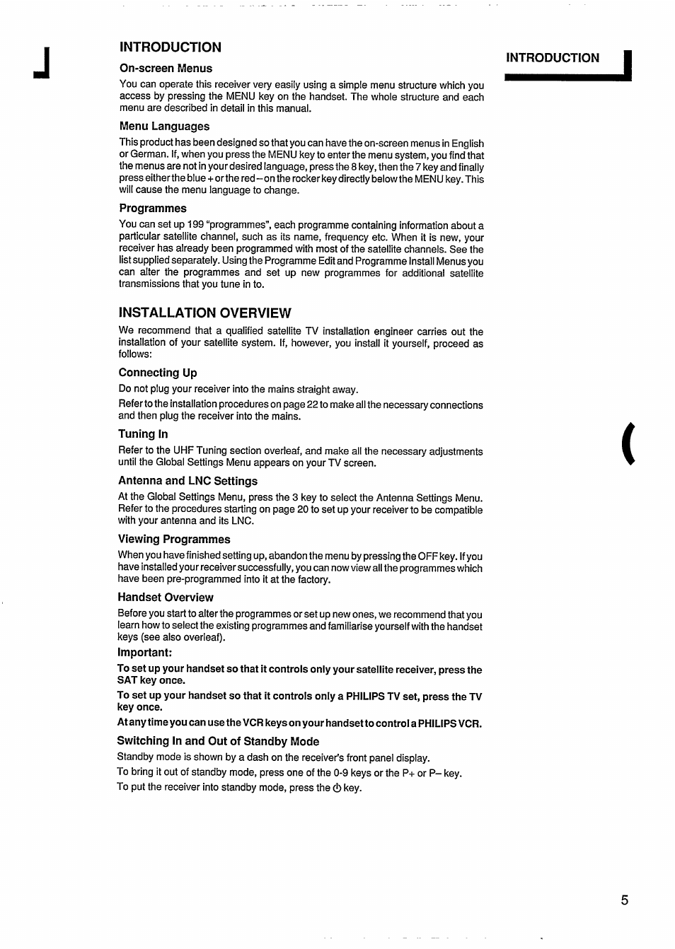 Introduction, Ori'screen menus, Menu languages | Programmes, Installation overview, Connecting up, Tuning in, Antenna and lnc settings, Viewing programmes, Handset overview | Philips STU811 User Manual | Page 7 / 31