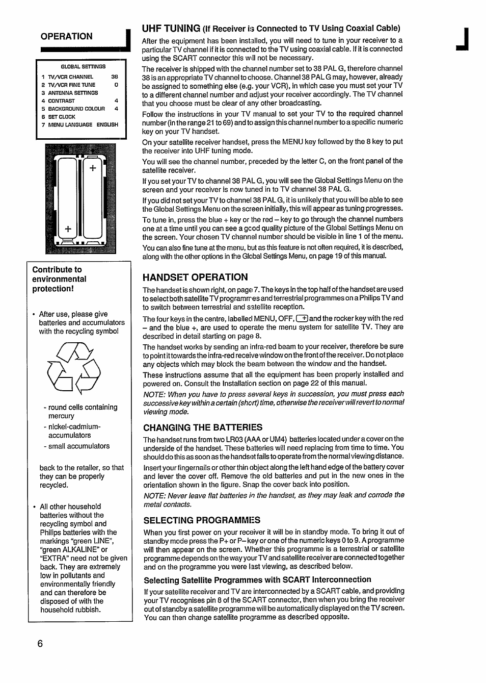 Handset operation, Changing the batteries, Selecting programmes | Changing the baheries | Philips STU811 User Manual | Page 8 / 31