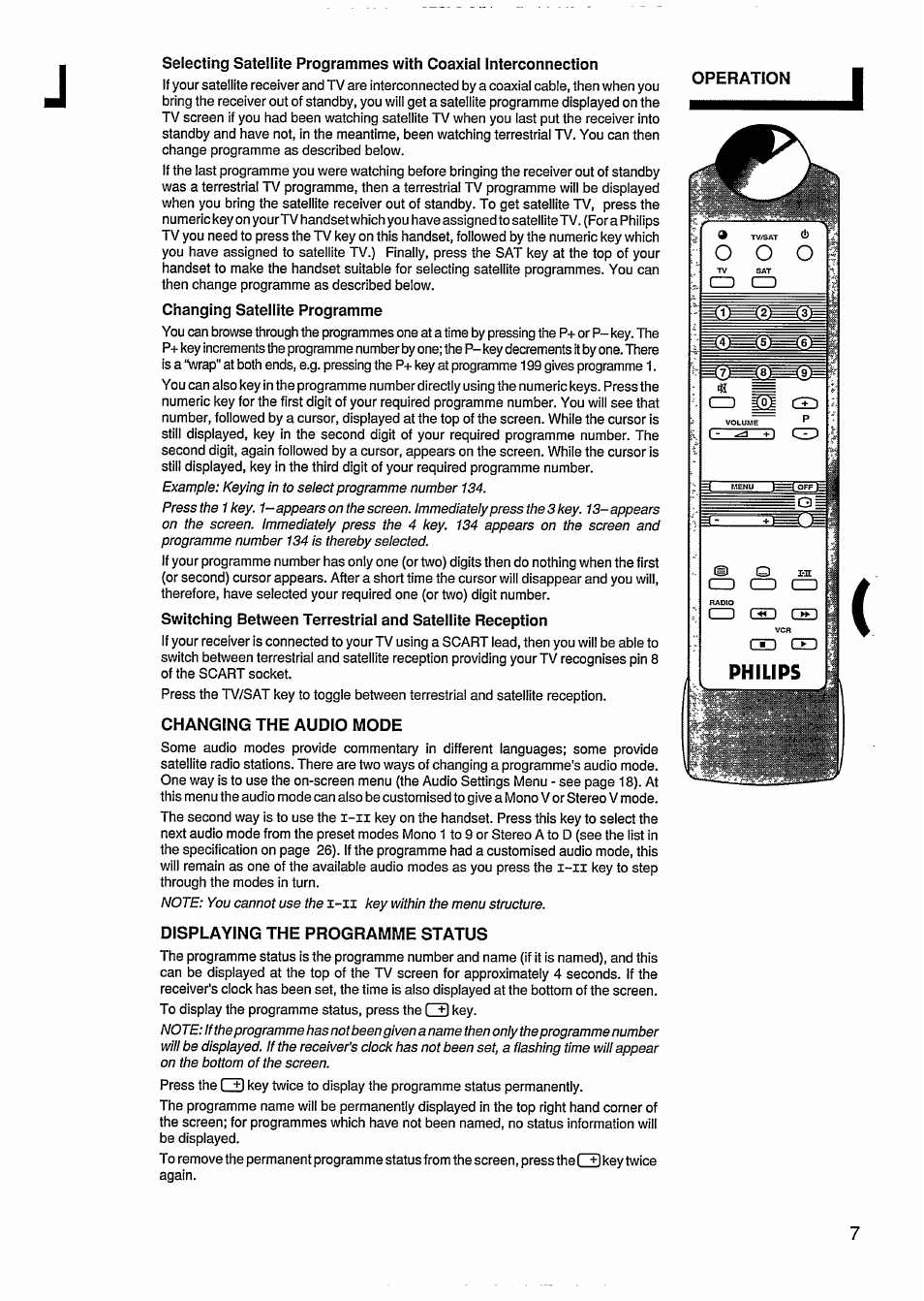 Changing satellite programme, Changing the audio mode, Displaying the programme status | Charging satellite programme, Philips | Philips STU811 User Manual | Page 9 / 31