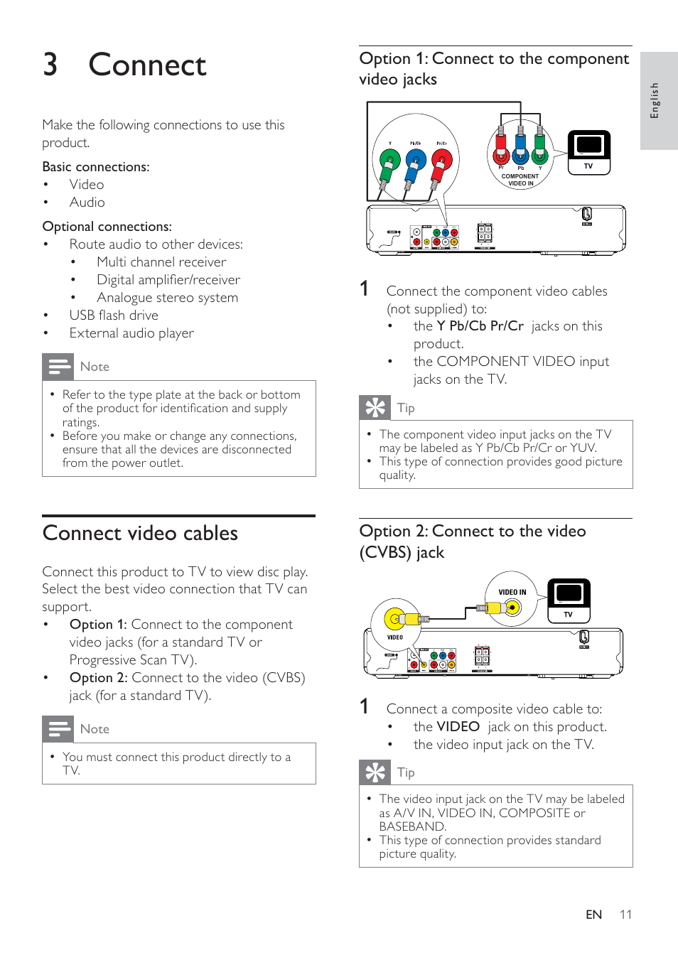 3 connect, Connect video cables, Option 1: connect to the component video jacks | Option 2: connect to the video (cvbs) jack | Philips FWD14 User Manual | Page 10 / 32
