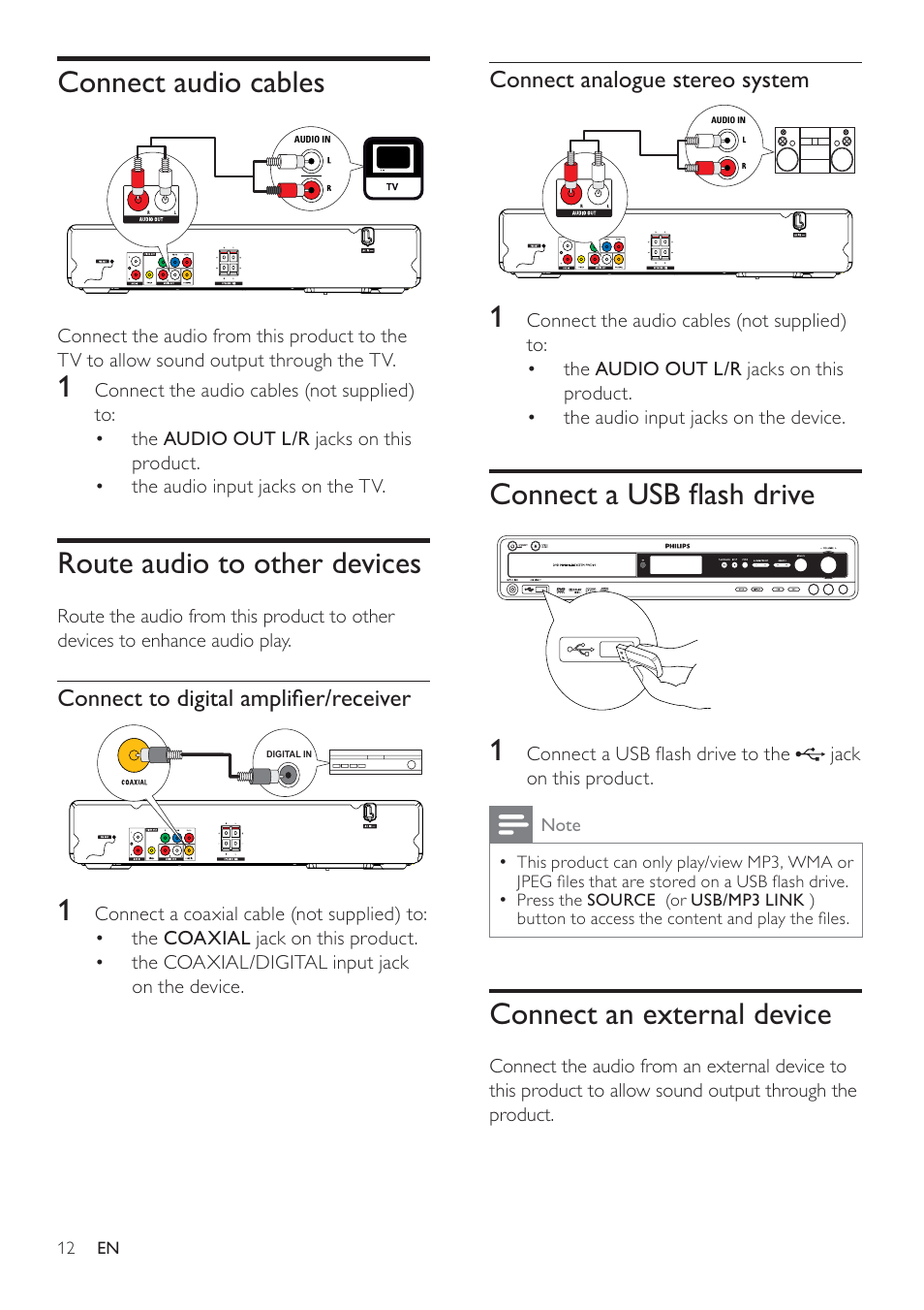 Rqqhfwd86%ádvkgulyh 1, Connect an external device, Connect audio cables | Route audio to other devices | Philips FWD14 User Manual | Page 11 / 32