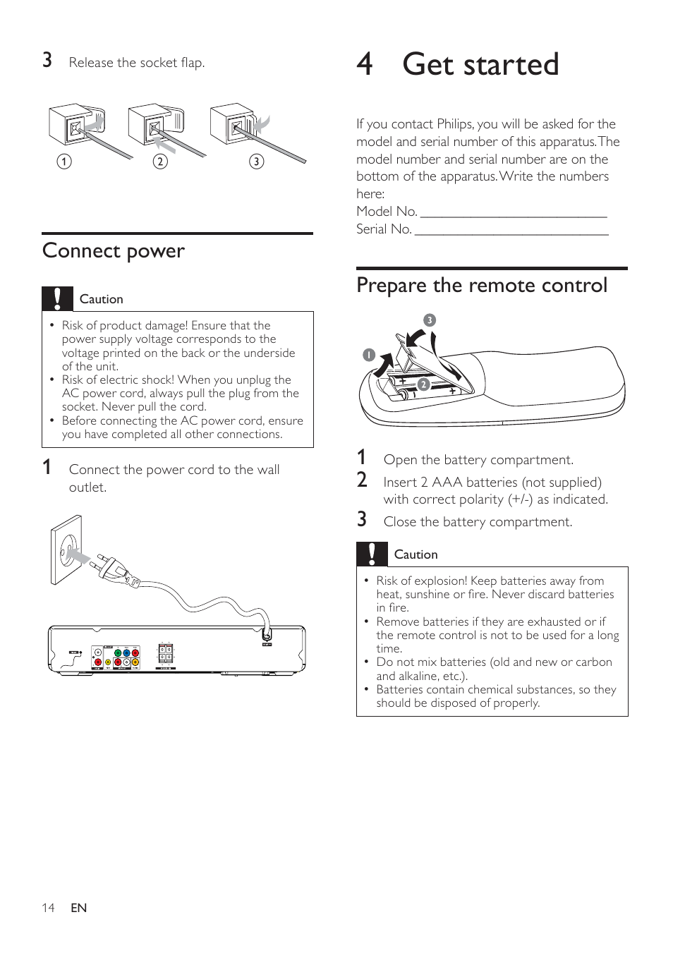 4 get started, Prepare the remote control 1, Connect power | Philips FWD14 User Manual | Page 13 / 32