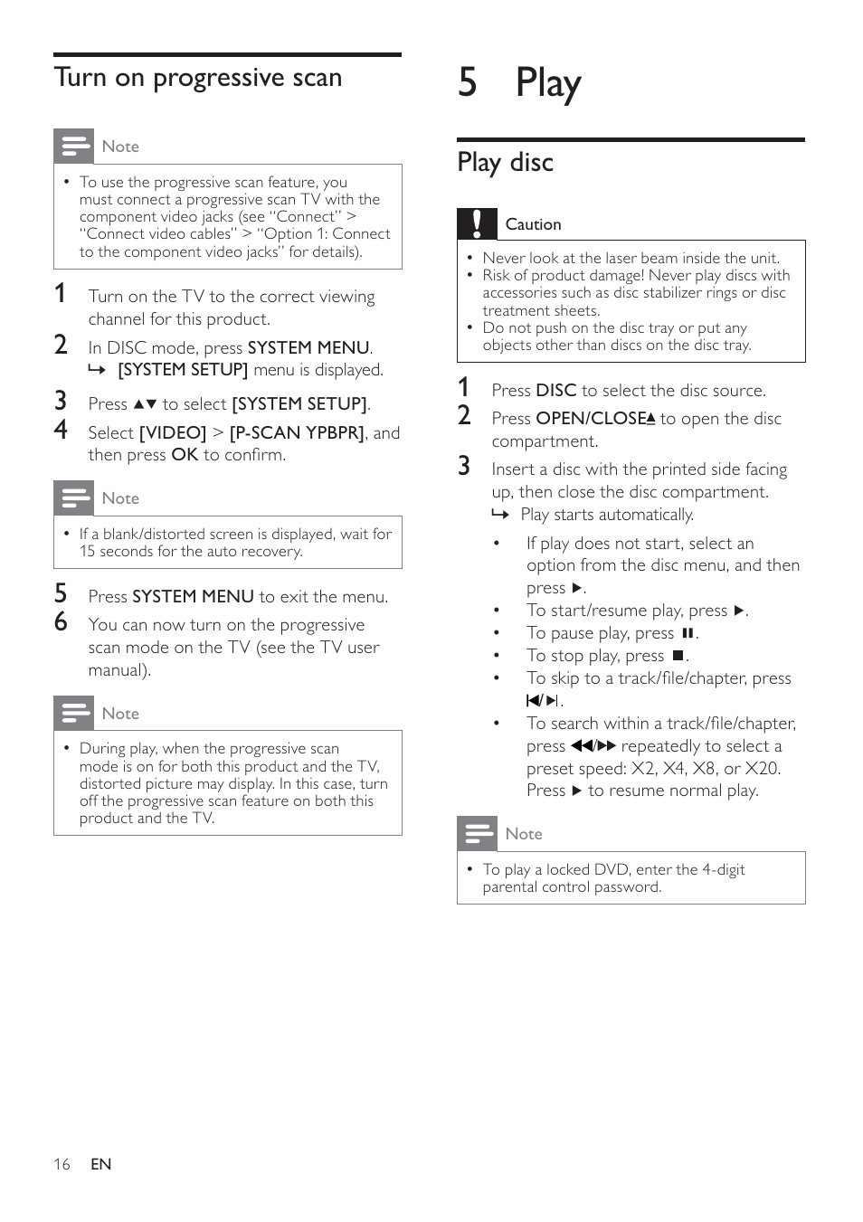 5 play, Play disc, Turn on progressive scan | Philips FWD14 User Manual | Page 15 / 32