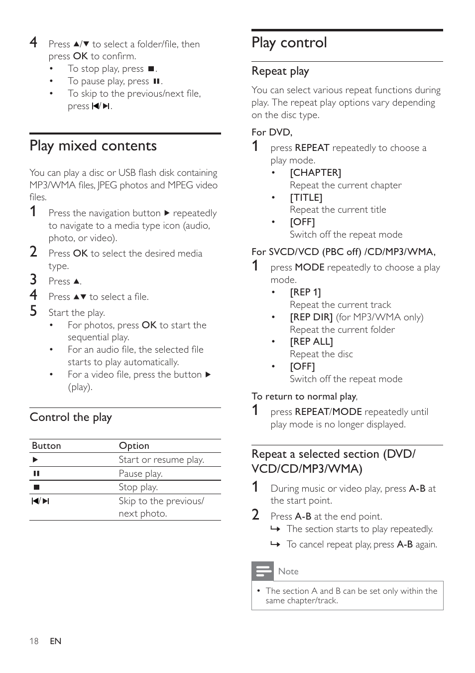 Play control, Play mixed contents | Philips FWD14 User Manual | Page 17 / 32
