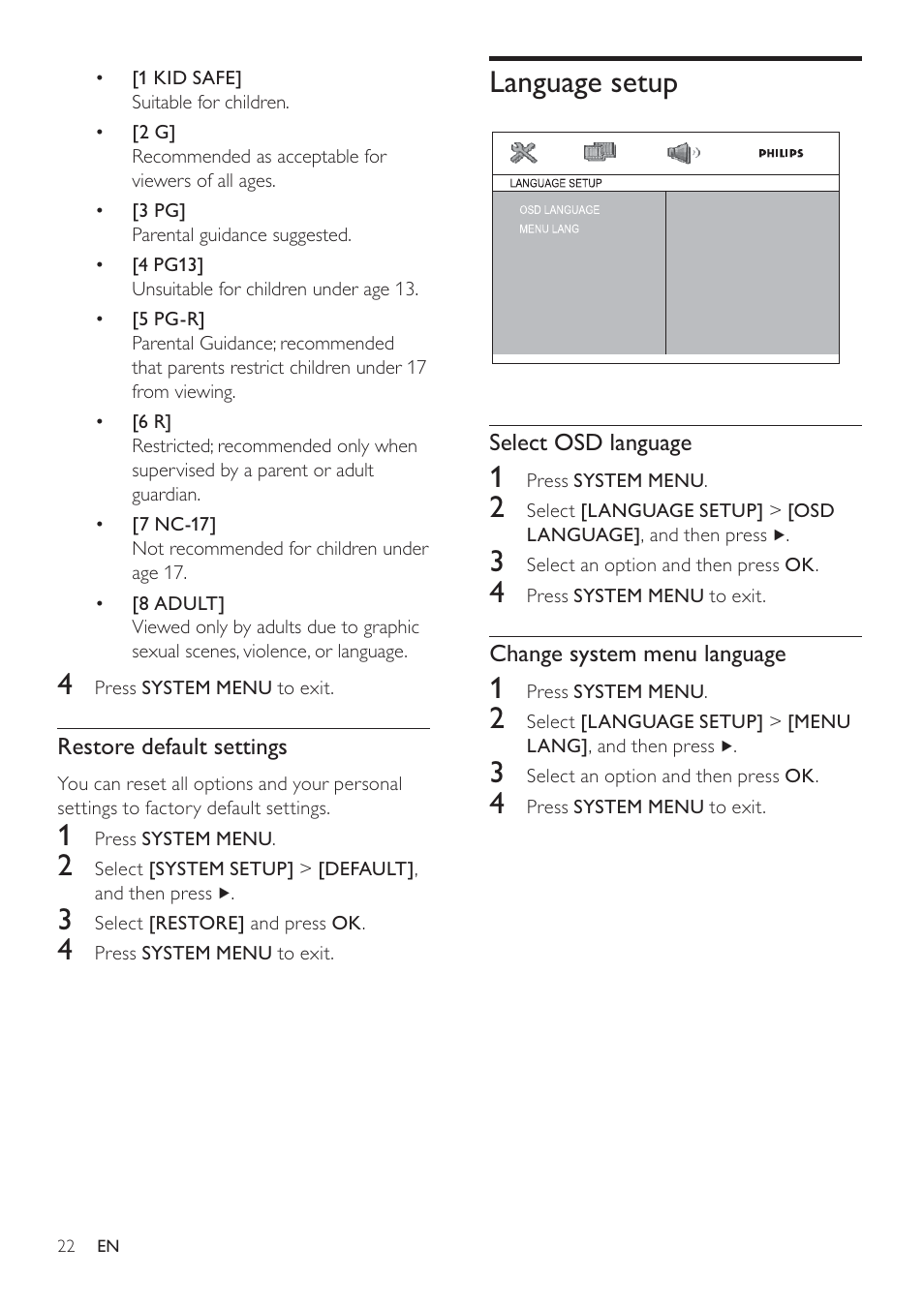 Language setup | Philips FWD14 User Manual | Page 21 / 32