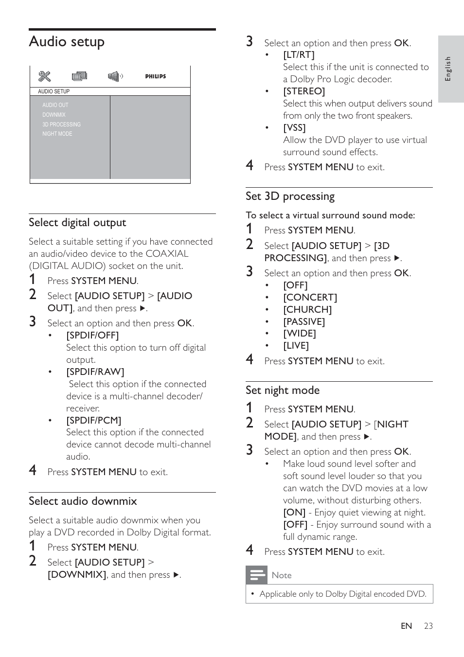 Audio setup | Philips FWD14 User Manual | Page 22 / 32