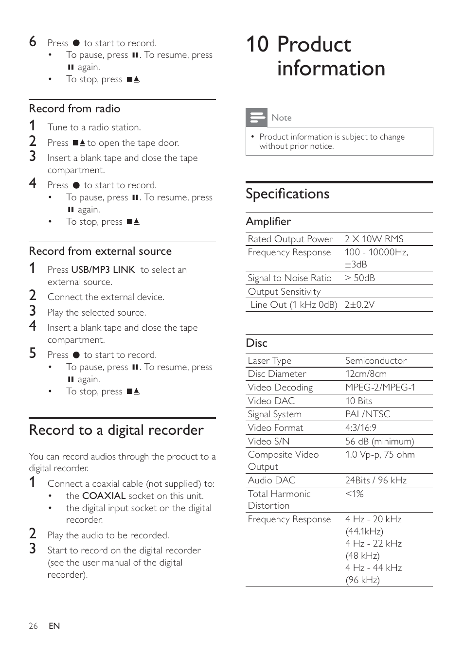 10 product information, 6shflàfdwlrqv, Record to a digital recorder | Philips FWD14 User Manual | Page 25 / 32